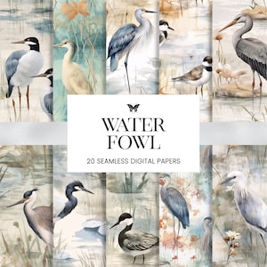 Modelli senza cuciture di uccelli acquatici, aironi garzette cicogne documenti digitali, acquerello uccelli journal planner sublimazione scrapbook sfondi