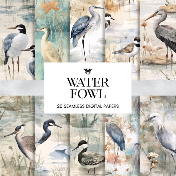 Water Fowl Seamless Patterns, Herons Egrets Storks Digital Papers, Watercolor Birds Journal Planner Sublimation Scrapbook Backgrounds