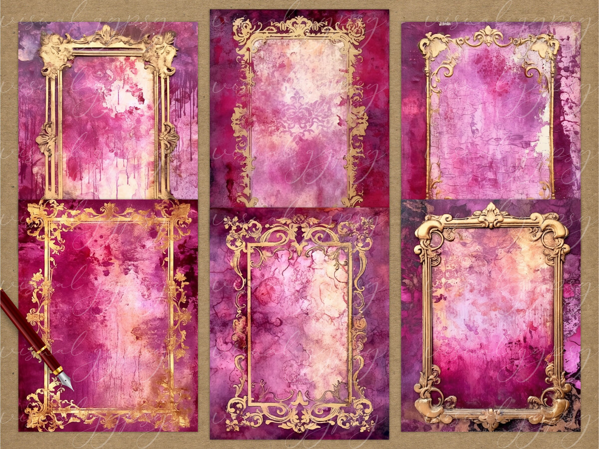Violet Baroque Frames Junk Journal Pages, Purple Gold Watercolor
