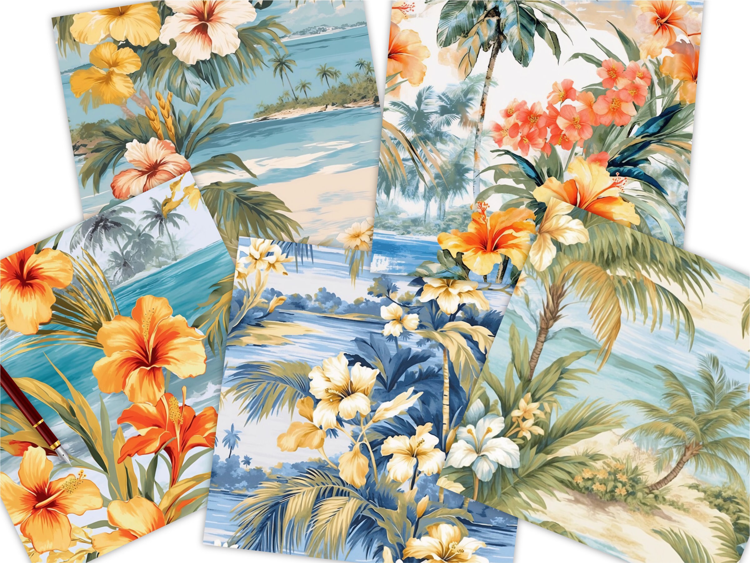 Tropical Beach Scenes Seamless Patterns, Ocean Florals Digital Papers ...