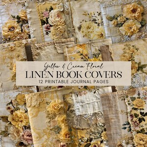 Gele crème bloemen linnen boekomslagen, jute kant mousseline doek stof ongewenste dagboekpagina's, digitale botanische afdrukbare planner achtergrond