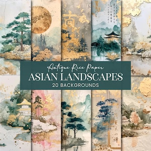 Puede incluir: Un conjunto de 20 fondos digitales con ilustraciones de acuarela de paisajes asiáticos. Los fondos son en tonos azules, verdes y dorados, y presentan elementos como montañas, árboles y pagodas. El texto "Antique Rice Paper Asian Landscapes 20 Backgrounds" se muestra en el centro de la imagen.