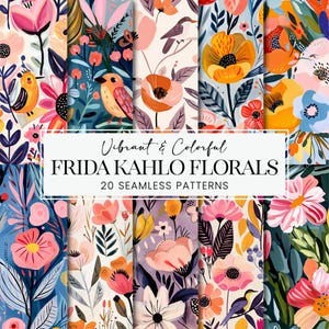 May include: A set of 20 digital seamless patterns featuring vibrant and colourful floral designs inspired by Frida Kahlo. The patterns include flowers, birds, and leaves in a variety of colours, including pink, yellow, blue, and green.
