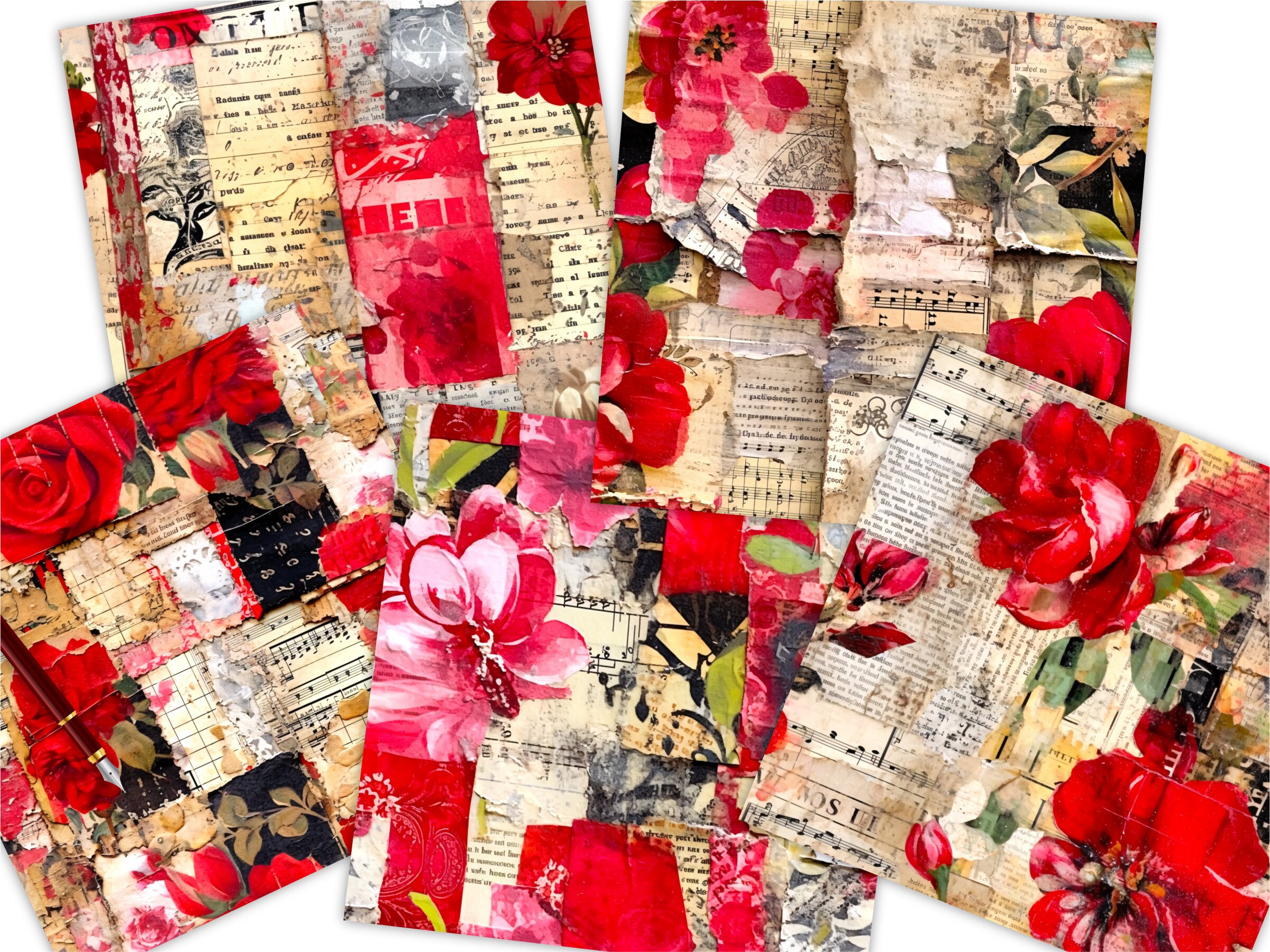 Red Paris Collage Seamless Patterns, Scarlet Distressed French Junk ...