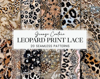 Leopard Print Lace Seamless Patterns, Couture Fabric Scrapbook Papers, Cream Brown Black Animal Print Printable POD Digital Backgrounds