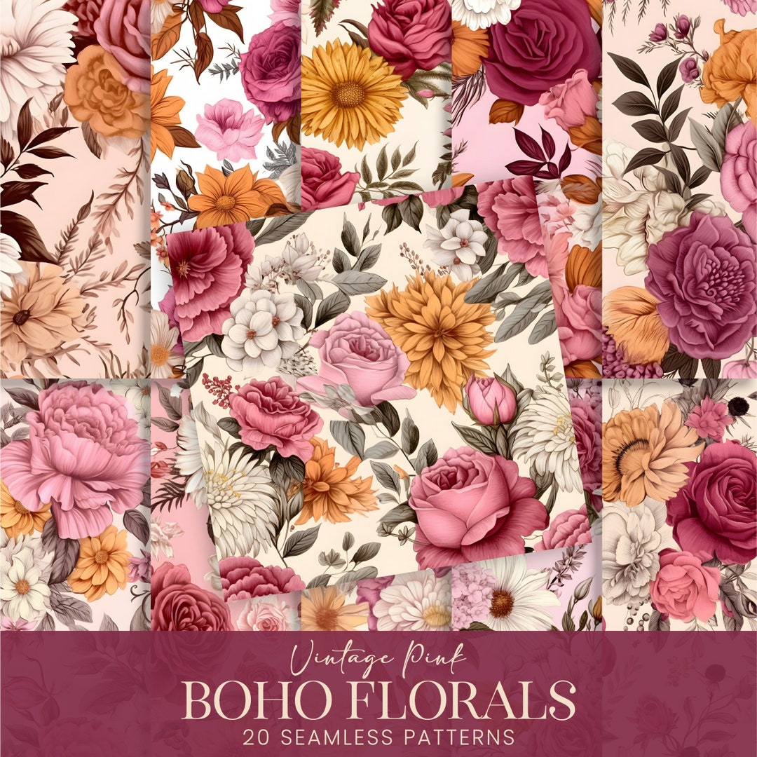 Vintage Pink Fall Floral Digital Papers, Boho Autumn Flowers Seamless ...