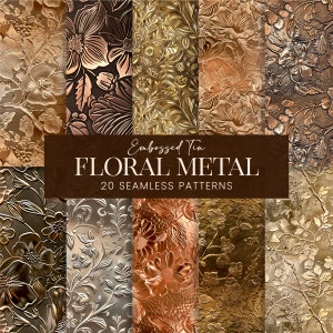 In reliëf gemaakte bloemen op tin naadloze patronen, luxe metalen afdrukbare plakboekpapieren, zilver koper goud brons metallic textuur junk journal