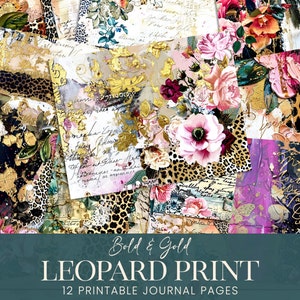 Grunge luipaardprint ongewenste dagboekpagina's, gewaagde luxe mixed media bloemen collagekunst plakboekpapier, glamour goud moderne afdrukbare achtergronden