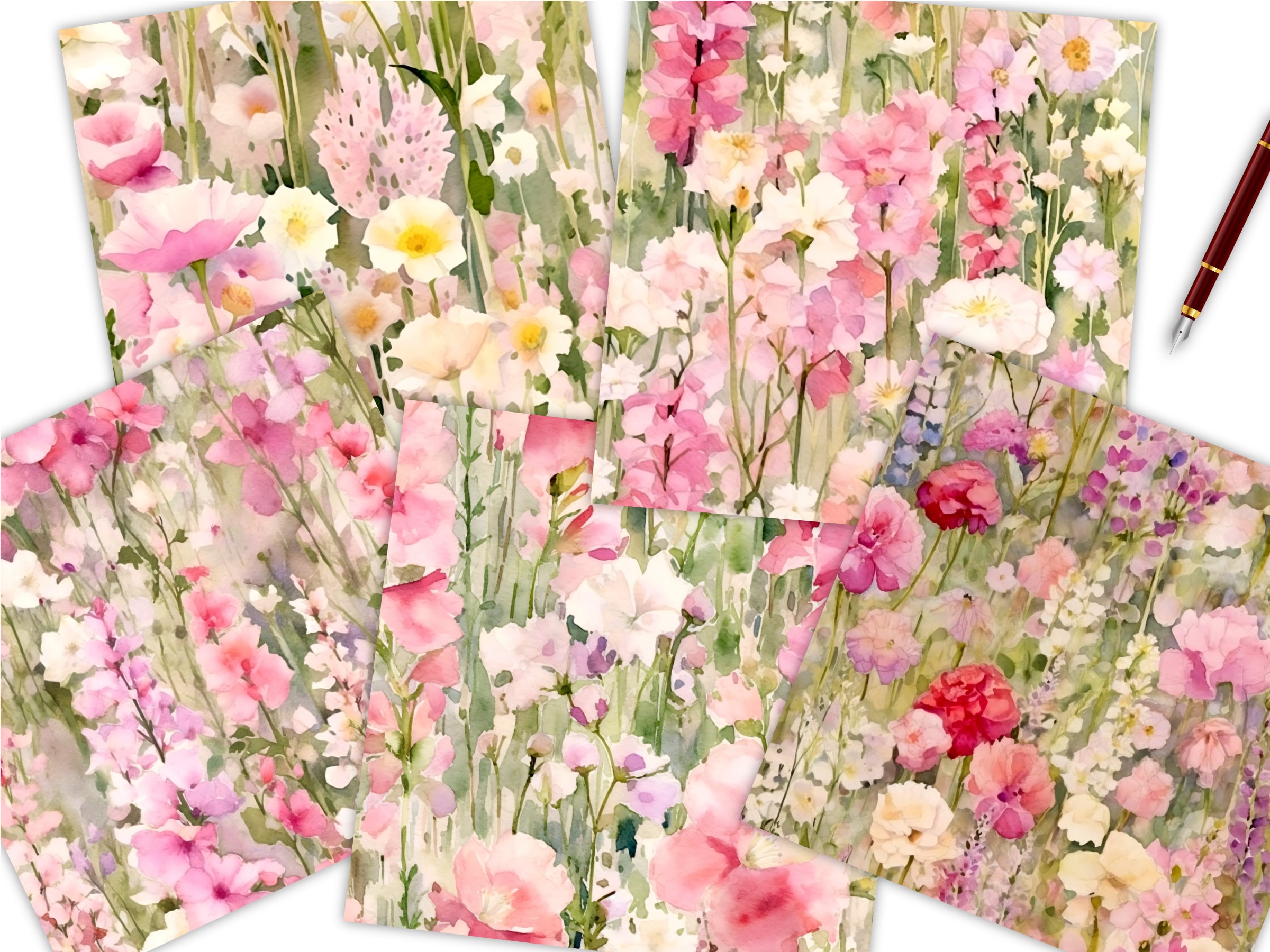 Pastel Pink Floral Seamless Patterns, Soft Blush Watercolor Flowers ...