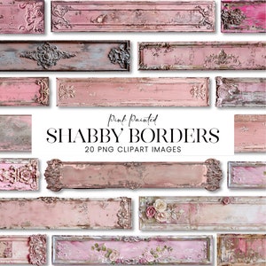 Imágenes prediseñadas de bordes Shabby Chic, marco de madera pintado de rosa, pátina antigua, placas de nombre vintage, placas de título de libros en tonos ruborizados, adornos de diario basura