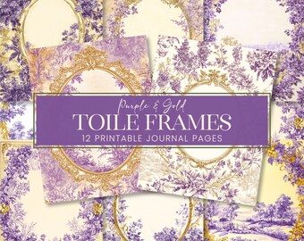 Purple Gold Toile De Jouy Frames Journal Pages, Antique French Landscape Botanical Scrapbook Papers, Vintage Parchment Diary Backgrounds