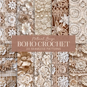 Boho gehaakte naadloze patronen, Boho Festival Fashion Macrame texturen afdrukbaar plakboekpapier, natuurlijk gebreide stof junk journal