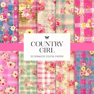 Padrões sem emenda de xadrez floral rosa, papéis digitais de verificação de menina country angustiada, fundos de álbum de recortes de sublimação de planejador de diário grunge