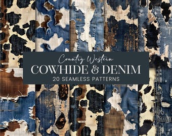 Cowhide Denim Seamless Patterns, Western Burlap Fabric Scrapbook Paper, Cow Print Distressed Torn Blue Jean Printable Sublimation Background