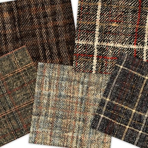 May include: Five different fabric swatches with plaid patterns in shades of brown, black, white, and red. The fabrics have a textured, woven look.
