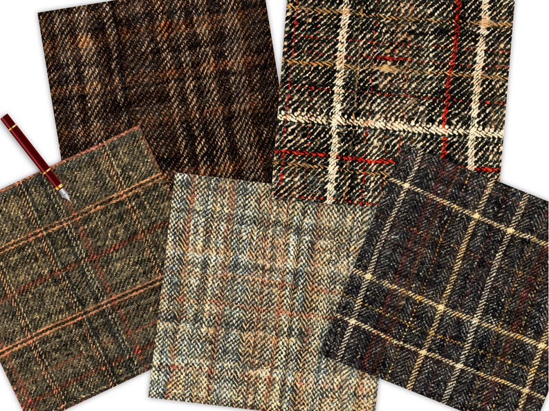 May include: Five different fabric swatches with plaid patterns in shades of brown, black, white, and red. The fabrics have a textured, woven look.
