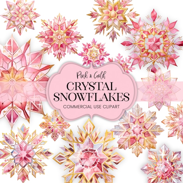 Watercolor Snowflakes Clipart, Pink Gold Crystal Snow PNG, Pastel Christmas Digital Planner, Winter Scrapbook Stickers, Journal Collage Art