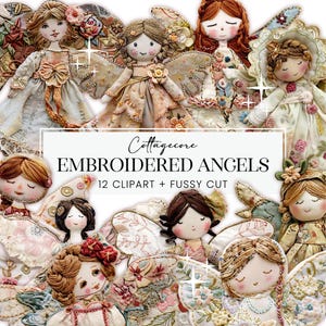 Puede incluir: Una colección de muñecas ángel bordadas con alas de tela, vestidos y detalles florales. La imagen presenta una variedad de muñecas con diferentes colores de cabello y expresiones faciales. El texto en la imagen dice "Cottagecore EMBROIDERED ANGELS 12 CLIPART + FUSSY CUT."