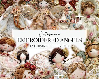 Embroidered Angels Clipart + Fussy Cut Pages, Cottagecore Christmas Dolls Boho Scrapbook Ephemera, Printable PNG Junk Journal Collage Kit