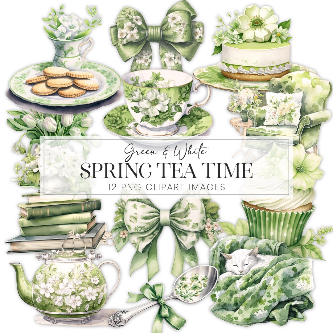 Spring Tea Time Clipart PNG, Green Floral Watercolor Coquette Bow, Cat ...
