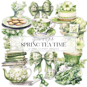 Spring Tea Time clipart png, groene bloemen aquarel coquette strik, kattendeken zilveren lepel tulpen illustraties, gezellige stoel Journal Art Kit