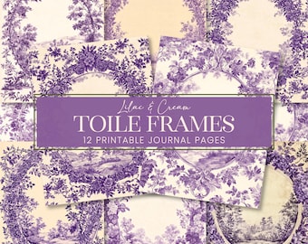 Lilac Toile Frames Journal Pages, Purple French Landscape Scenes Scrapbook Papers, Vintage Botanical Parchment Writing Diary Backgrounds