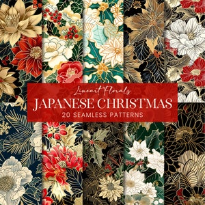 Motifs floraux de Noël japonais sans couture, papier de scrapbooking botaniques de vacances d'hiver asiatiques, arrière-plans imprimables Lineart baies de houx