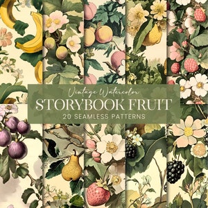Vintage naadloze fruitpatronen, antiek sprookjesachtig roze olijfgroen botanisch plakboekpapier, romantische kinderboek afdrukbare achtergronden
