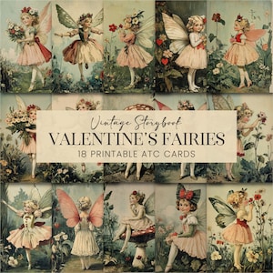 Biglietti ATC con fate di San Valentino d'epoca, pagine di diario mini con folletti da favola, sfondi per album di ritagli stampabili con folletti floreali da favola antica