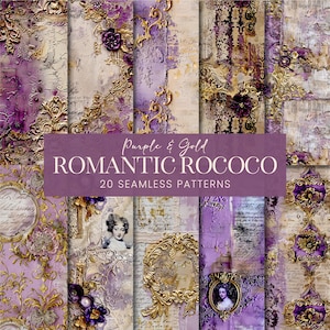 May include: A digital paper pack containing 20 seamless patterns featuring purple and gold romantic rococo designs. The patterns include ornate swirls, floral motifs, and vintage script.