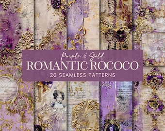 Purple Rococo Seamless Patterns, Luxury Grunge Stucco Plaster Printable Scrapbook Paper, Gold Italian Lace Romantic Texture Journal Page