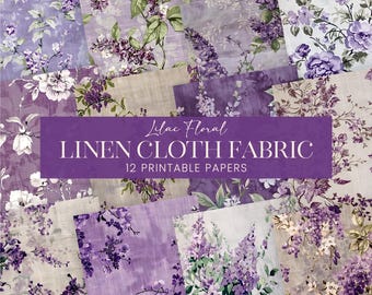 Lilac Fabric Scrapbook Papers, Purple Floral Journal Pages, Botanical Herb Linen Muslin Cloth Backgrounds, Printable Decoupage Textile Art