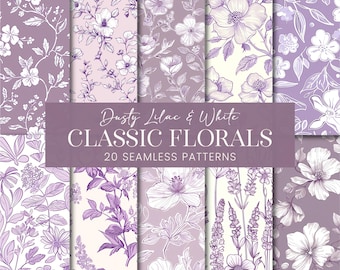 Vintage Floral Seamless Patterns, Pastel Purple White Botanical Scrapbook Papers, Minimal Chinoiserie Branches Printable Backgrounds