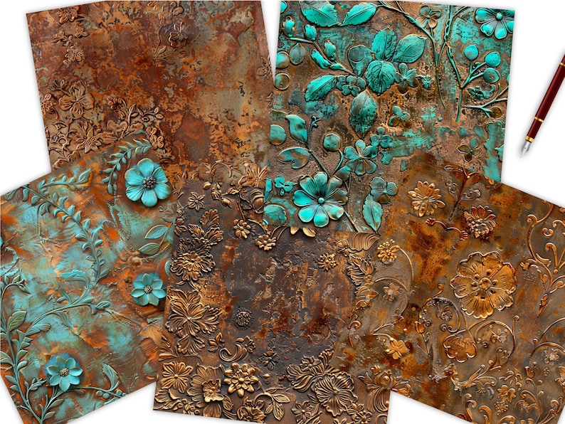 Rusted Metal Florals Seamless Patterns, Luxury Embossed Tin Printable ...