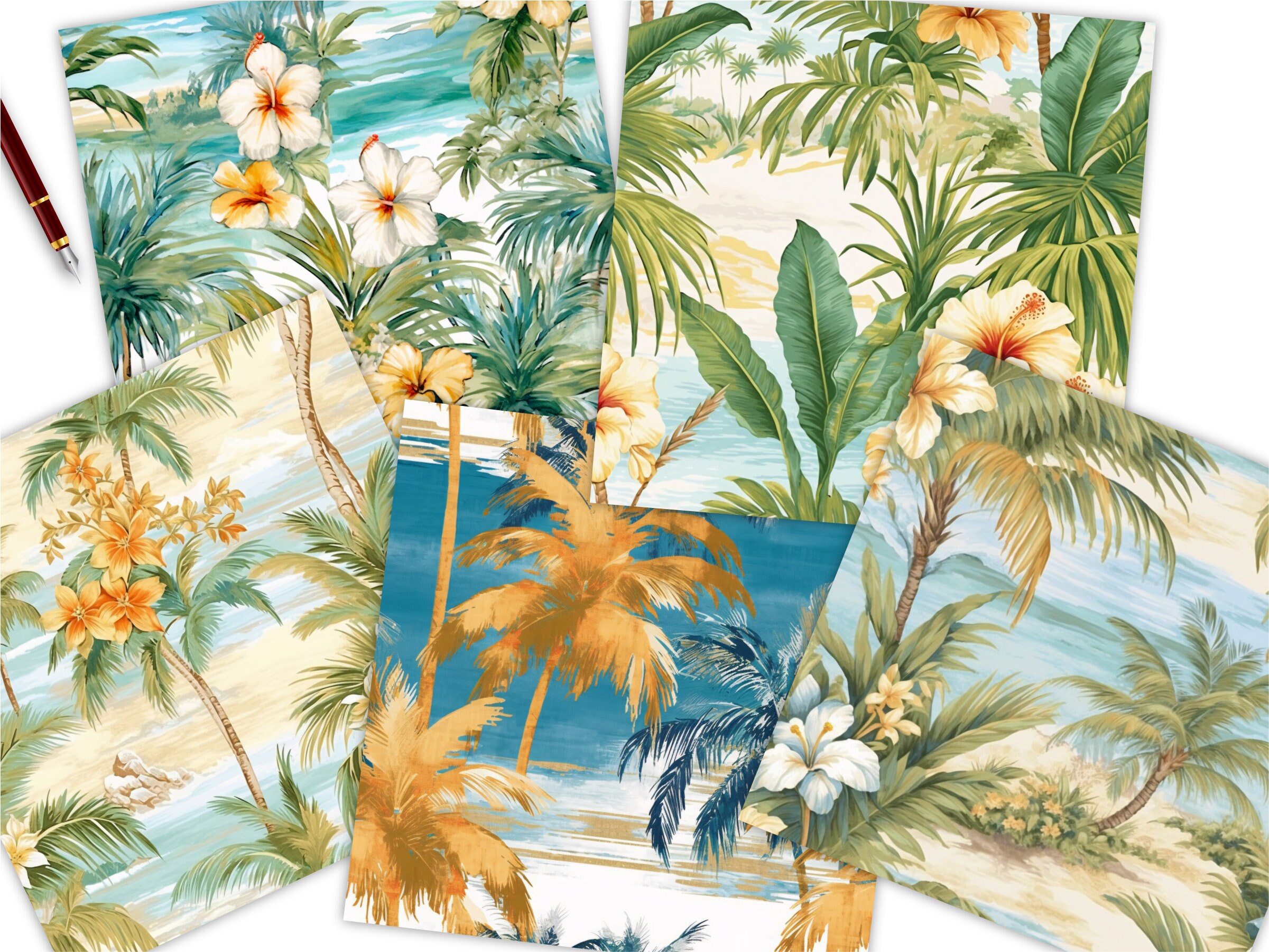 Tropical Beach Scenes Seamless Patterns, Ocean Florals Digital Papers ...