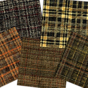 May include: Six different plaid fabric swatches in various shades of brown, black, and orange. The swatches are arranged in a collage.