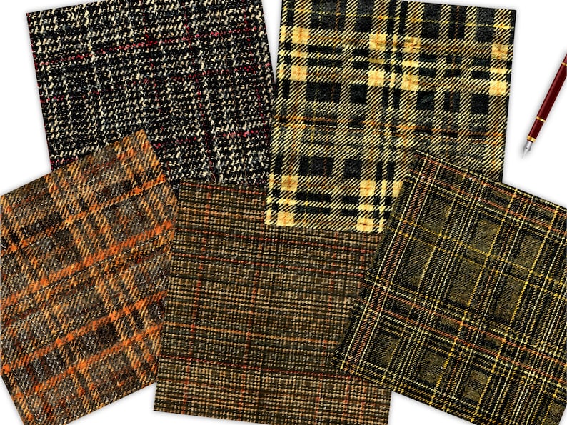 May include: Six different plaid fabric swatches in various shades of brown, black, and orange. The swatches are arranged in a collage.