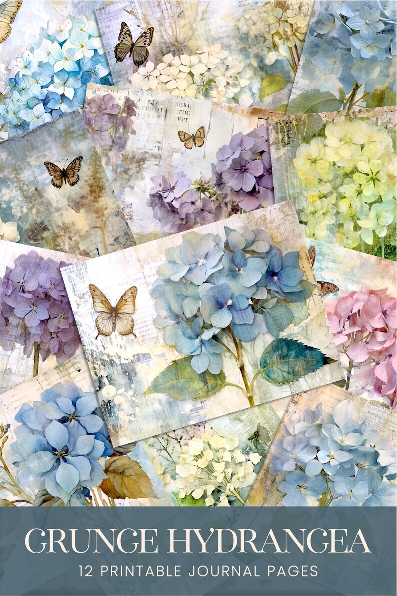 Hydrangea Junk Journal Pages, Grunge Floral Watercolor Digital Paper ...