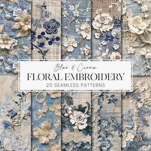 Naadloze geborduurde bloemenpatronen, blauwe toile-kant plakboekpapier, crème linnen chinoiserie botanische afdrukbare jute stof achtergrond