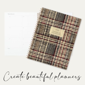 May include: A plaid planner with a gold label that says "2025 Charles Thompson". The planner is open to a weekly spread.
