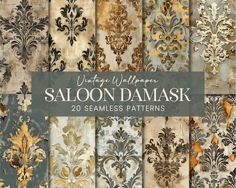Western Saloon Damask Seamless Patterns, Antique Old West Wallpaper Print, Glam Gold Distressed Scrapbook Paper Grunge Printable Backgrounds
