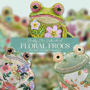 Pode incluir: Um conjunto de 14 imagens de clipart digitais com sapos florais bordados. Os sapos estão em várias poses e têm diferentes desenhos florais. O texto "Shabby Chic Embroidered Floral Frogs" é exibido em um fundo azul claro.