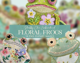 Clipart z żabami w stylu shabby chic, haftowane płazy w technice mieszanej, urocze cliparty ze zwierzętami do scrapbookingu, kolaż wiosennego dziennika w formacie PNG do druku