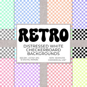 Papéis digitais xadrez desgastados, padrão de verificação quadrado retrô branco e colorido, fundos imprimíveis, design POD de uso comercial