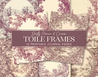 Dusty Mauve Cream Toile De Jouy Frames Journal Pages, Vintage French Landscapes Scrapbook Backgrounds, Antique Scenes Writing Papers