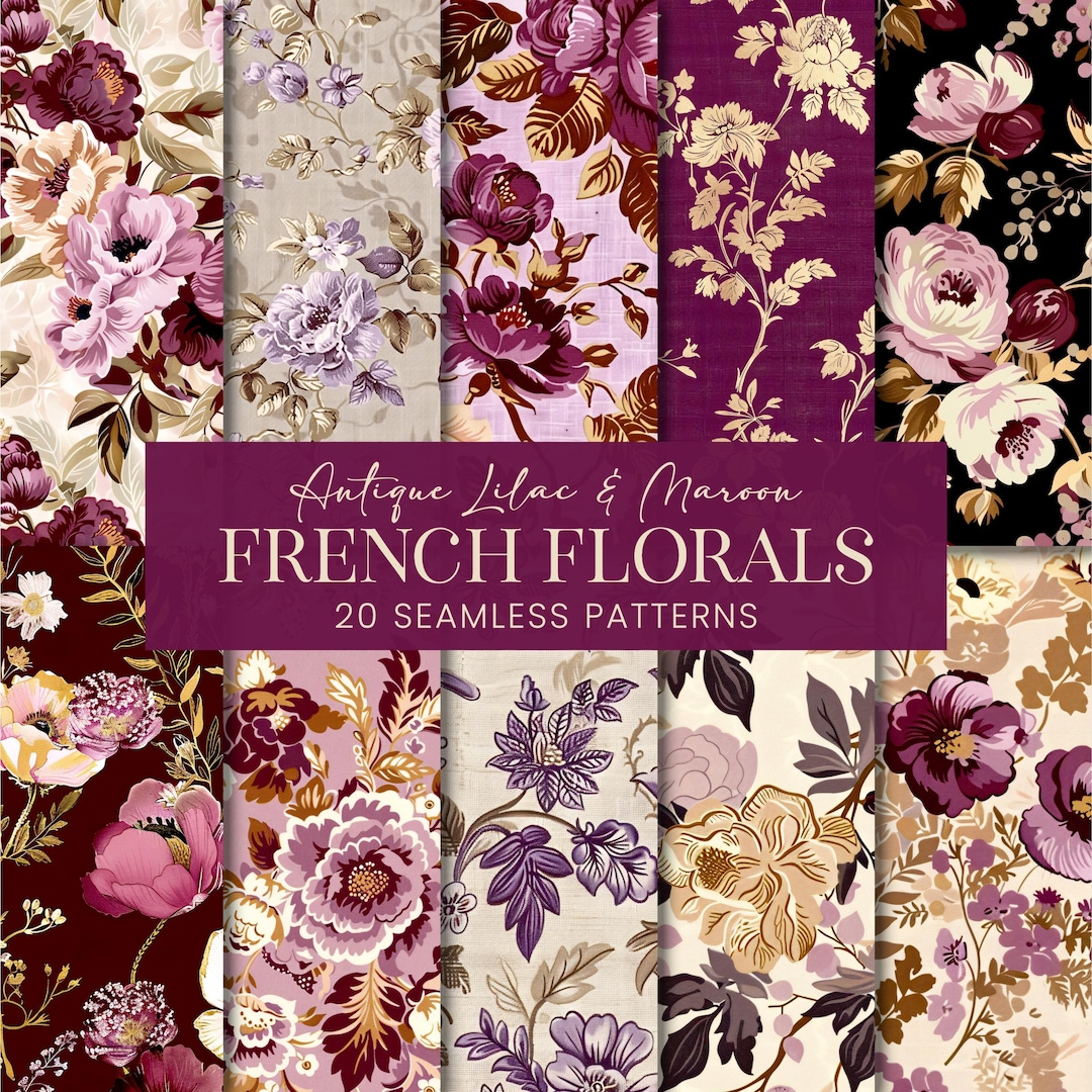 Colorful French Pattern Antique French Florals Seamless Patterns, Lilac Maroon French Country ...
