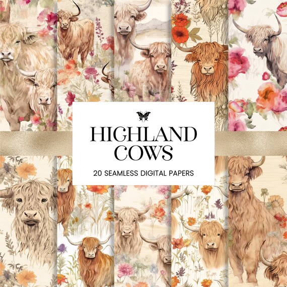 Highland Cows Seamless Patterns, Farm Animals Floral Digital Papers, Watercolor Western Journal Planner Sublimation Scrapbook Backgrounds