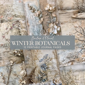 Pagine del diario Winter Botanicals, carta per album di ritagli in tela di iuta con pizzo floreale blu avorio, sfondi stampabili con rami innevati e gioielli color pesca