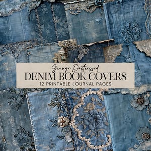 Couvertures de livres en denim effet vieilli, pages de carnet de notes en tissu bleu jeans surpiqués, papiers de scrapbooking fleurs et dentelle, arrière-plans artistiques imprimables