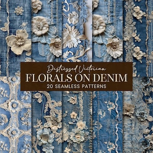 Motifs sans couture denim floral beige, papiers de scrapbooking dentelle victorienne romantique, arrière-plans imprimables jeans bleu shabby chic mode